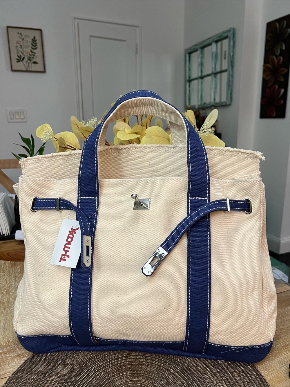 T.J.Maxx Canvas Tote Bag with Navy Trim